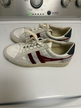 Gola White Sneakers with Red Stripes and Metallic Accents